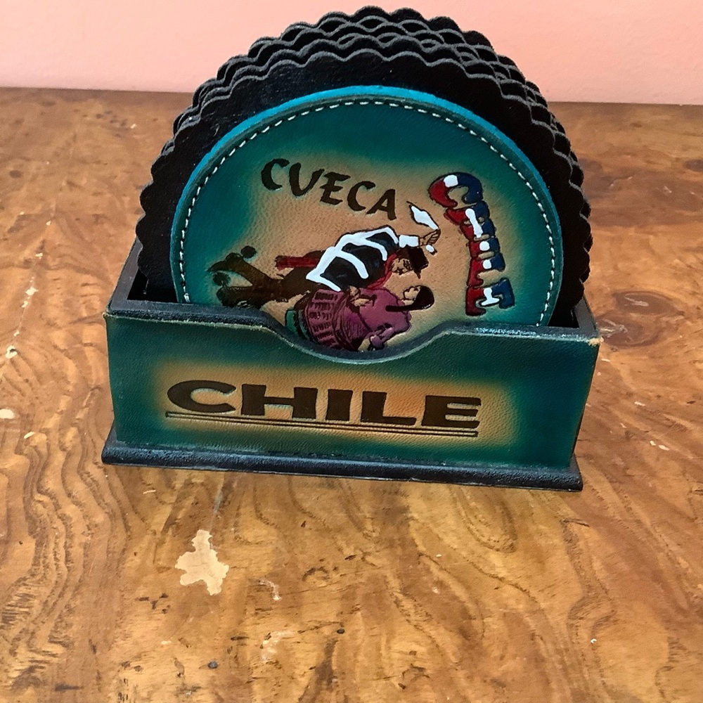 Hand-Painted Chile Coaster Set Of Six - Teal & Black